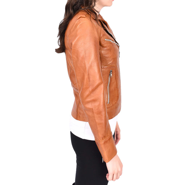 Womens Soft Tan Leather Biker Jackets Tailored Fit Zip Fasten Briar