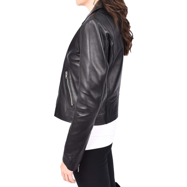 Women's Leather Biker Jacket Black Cross-Zip Fastening Casual Outerwear Delilah