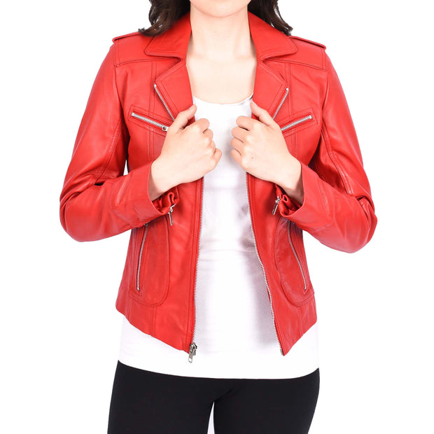 Womens Soft Red Leather Biker Jackets Tailored Fit Zip Fasten Briar