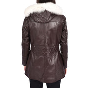 Women's Leather Duffle Coat Mid-Length with Removable Hood Quilted Details Helena Brown
