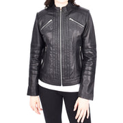Womens Genuine Leather Biker Style Zip Up Fitted Jacket Poppy Black