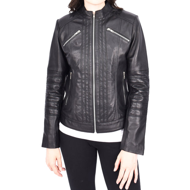 Womens Genuine Leather Biker Style Zip Up Fitted Jacket Poppy Black