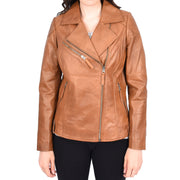 Womens Leather Biker Jacket Cross Zip Style Mona Tan