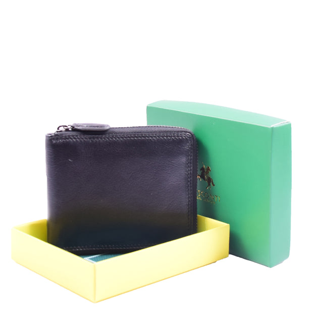 Mens Genuine Cowhide Leather Wallet Black Zip Around Gift Boxed RFID Safe Ross
