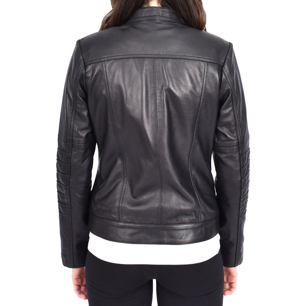 Womens Genuine Leather Biker Style Zip Up Fitted Jacket Poppy Black