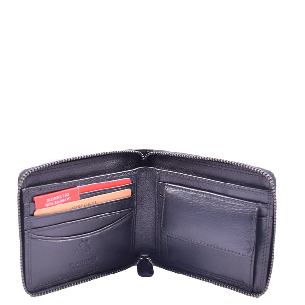 Mens Genuine Cowhide Leather Wallet Black Zip Around Gift Boxed RFID Safe Ross