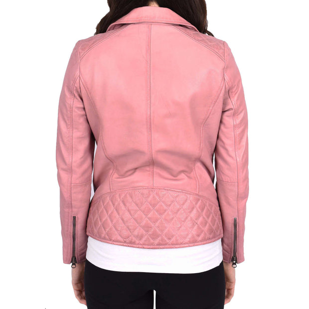 Womens Leather Biker Jacket Cross Zip Style Mona Pink