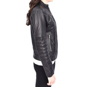 Womens Genuine Leather Biker Style Zip Up Fitted Jacket Poppy Black
