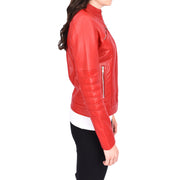 Womens Genuine Leather Biker Style Zip Up Fitted Jacket Poppy Red