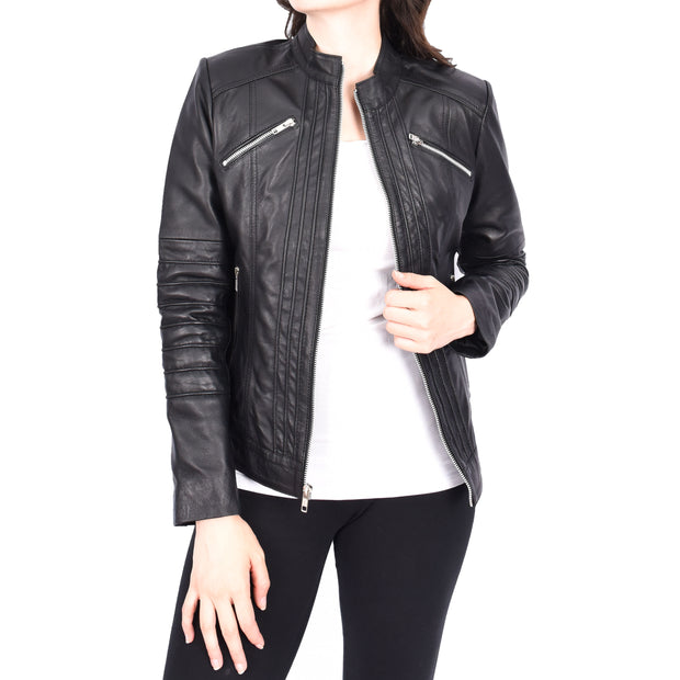 Womens Genuine Leather Biker Style Zip Up Fitted Jacket Poppy Black