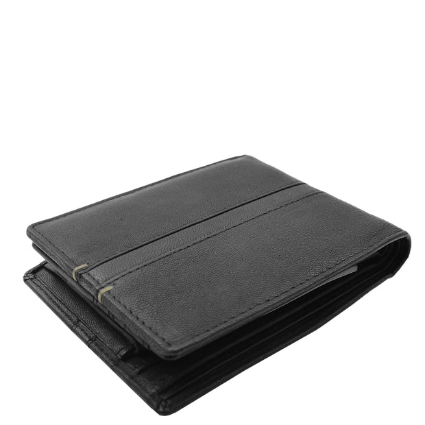 Mens Leather Wallet Bifold Black RFID Safe Coins ID Notes Credit Card Slots Geno