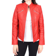 Womens Genuine Leather Biker Style Zip Up Fitted Jacket Poppy Red
