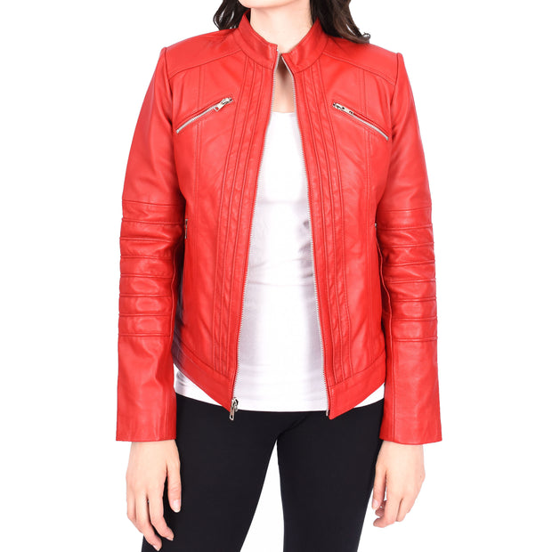 Womens Genuine Leather Biker Style Zip Up Fitted Jacket Poppy Red