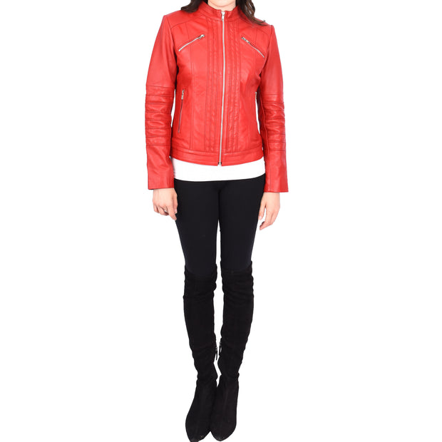 Womens Genuine Leather Biker Style Zip Up Fitted Jacket Poppy Red