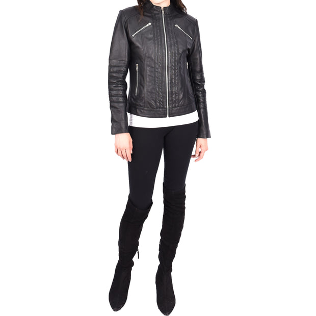 Womens Genuine Leather Biker Style Zip Up Fitted Jacket Poppy Black