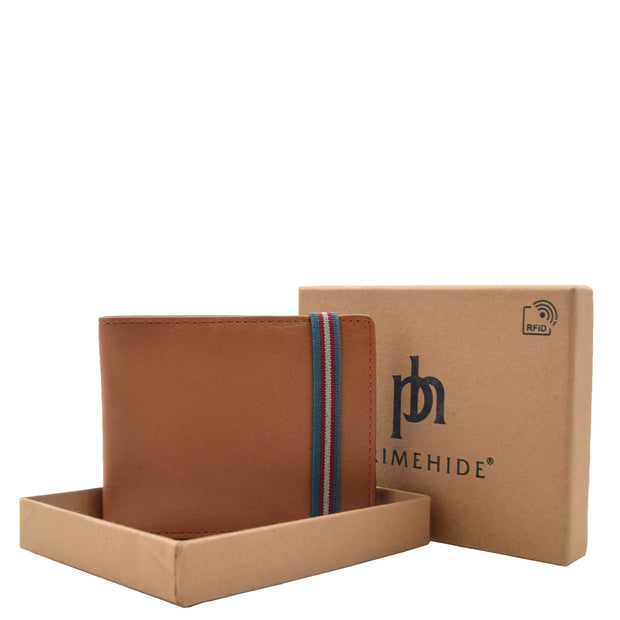 Mens Leather Wallet Tan Slim Bifold RFID Safe Credit Cards ID Notes Gift Boxed Louis Cognac