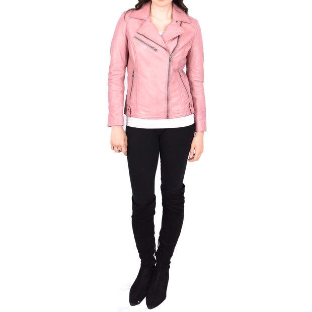 Womens Leather Biker Jacket Cross Zip Style Mona Pink