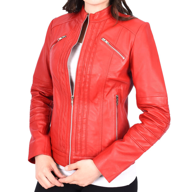 Womens Genuine Leather Biker Style Zip Up Fitted Jacket Poppy Red