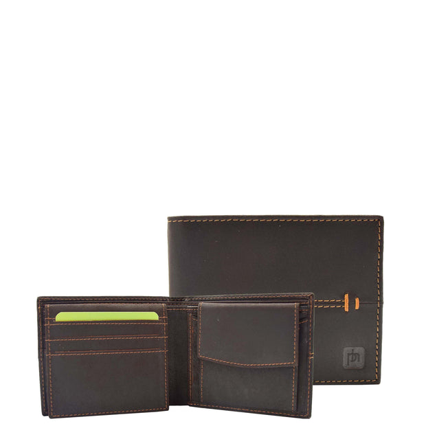 Mens Brown Hunter Leather Bifold Wallet RFID Safe ID Credit Card Banknotes Slots Boxed Smith