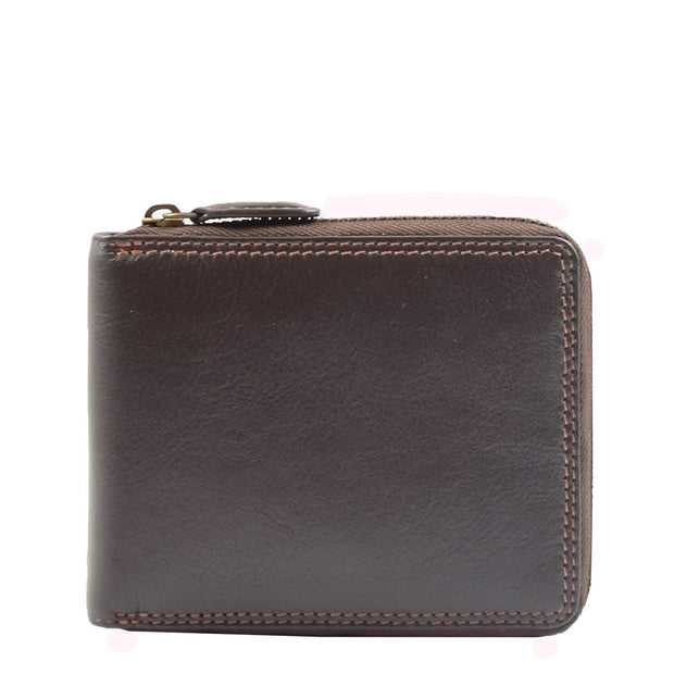 Mens Genuine Cowhide Leather Wallet Brown Zip Around Gift Boxed RFID Safe Ross