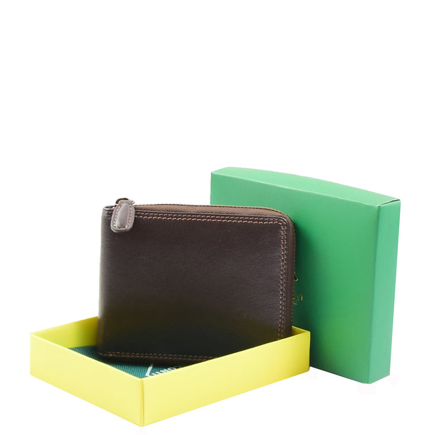 Mens Genuine Cowhide Leather Wallet Brown Zip Around Gift Boxed RFID Safe Ross
