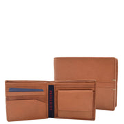 Mens Leather Wallet Bifold Cognac RFID Safe Coins ID Notes Credit Card Slots Geno