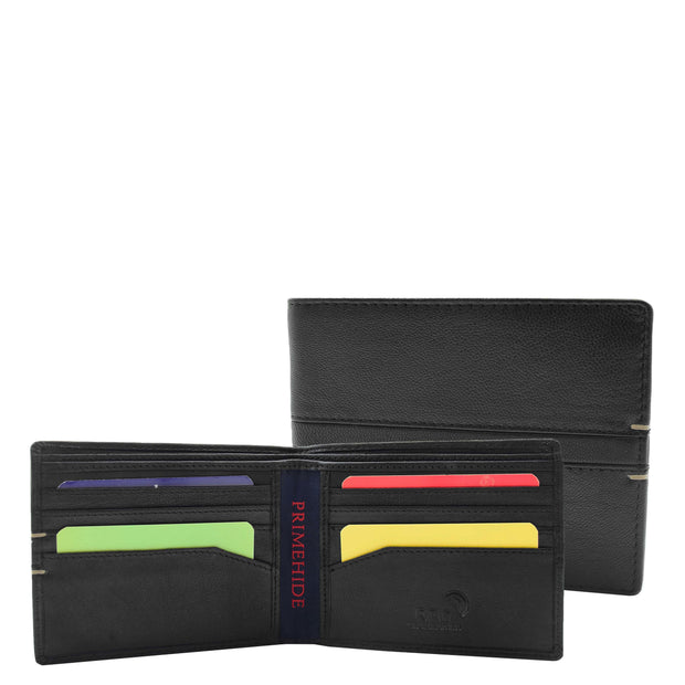 Mens Leather Wallet Slim Bifold RFID Safe  Credit Card Notes Section Tom Black