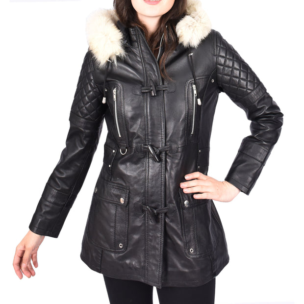 Women's Leather Duffle Coat Mid-Length with Removable Hood Quilted Details Helena Black
