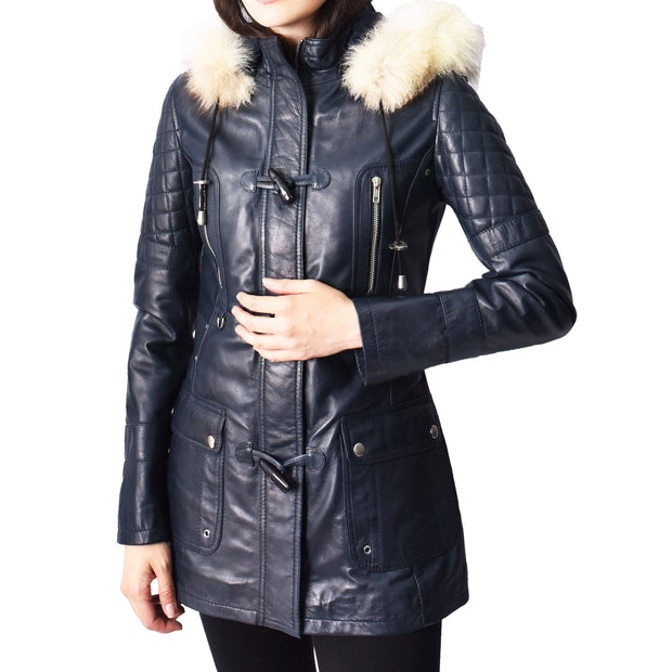 Women's Leather Duffle Coat Mid-Length with Removable Hood Quilted Details Helena Navy