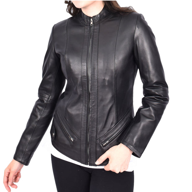 Womens Tailored Fit Band Collar Zip Up Biker Leather Jacket Honey Black-1