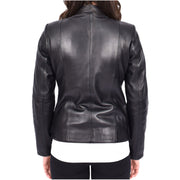 Womens Tailored Fit Band Collar Zip Up Biker Leather Jacket Honey Black-2