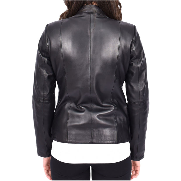 Womens Tailored Fit Band Collar Zip Up Biker Leather Jacket Honey Black-2