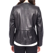 Womens Collarless Black Leather Jacket Round Neckline Casual Fitted Zip Fasten Fia