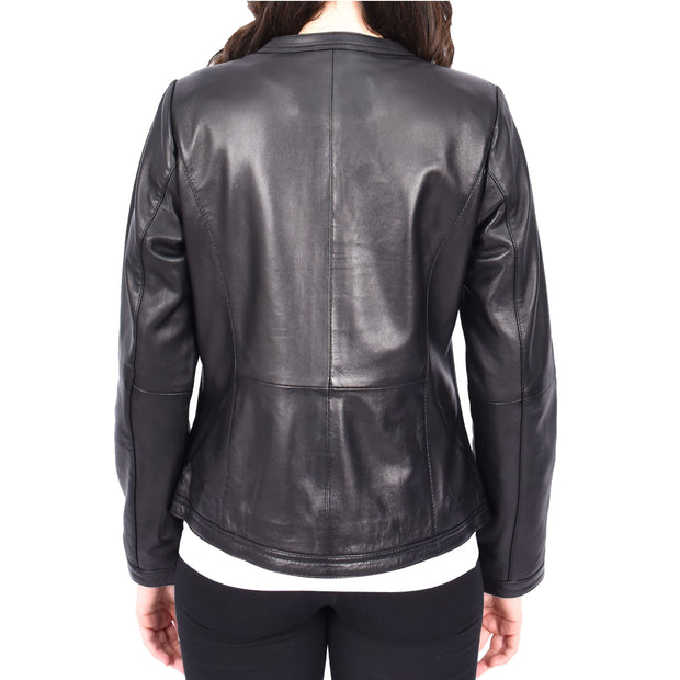 Womens Collarless Black Leather Jacket Round Neckline Casual Fitted Zip Fasten Fia