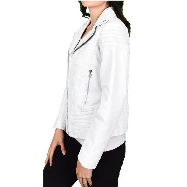Womens Real Leather Biker Jackets Casual Fashion Outerwear Sonya White-3
