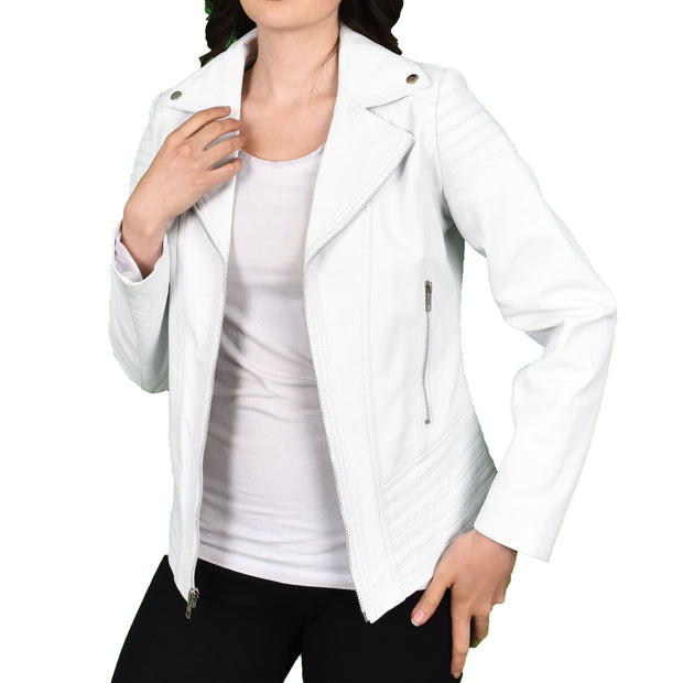 Womens Real Leather Biker Jackets Casual Fashion Outerwear Sonya White-4