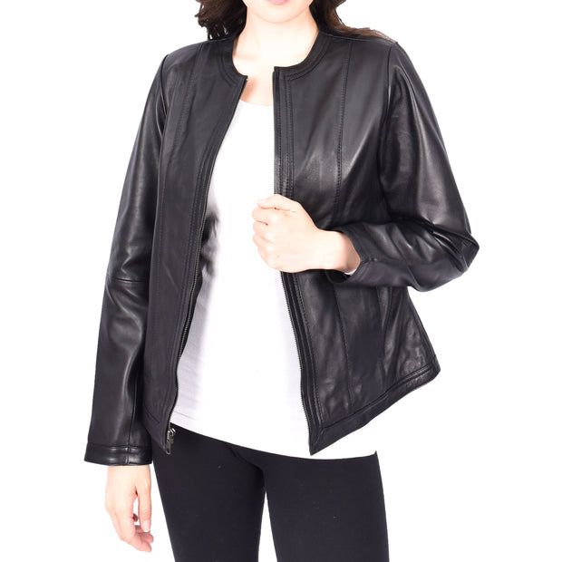 Womens Collarless Black Leather Jacket Round Neckline Casual Fitted Zip Fasten Fia