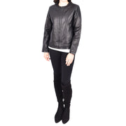 Womens Collarless Black Leather Jacket Round Neckline Casual Fitted Zip Fasten Fia