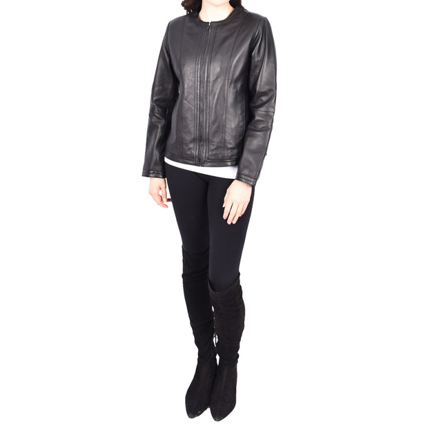 Womens Collarless Black Leather Jacket Round Neckline Casual Fitted Zip Fasten Fia