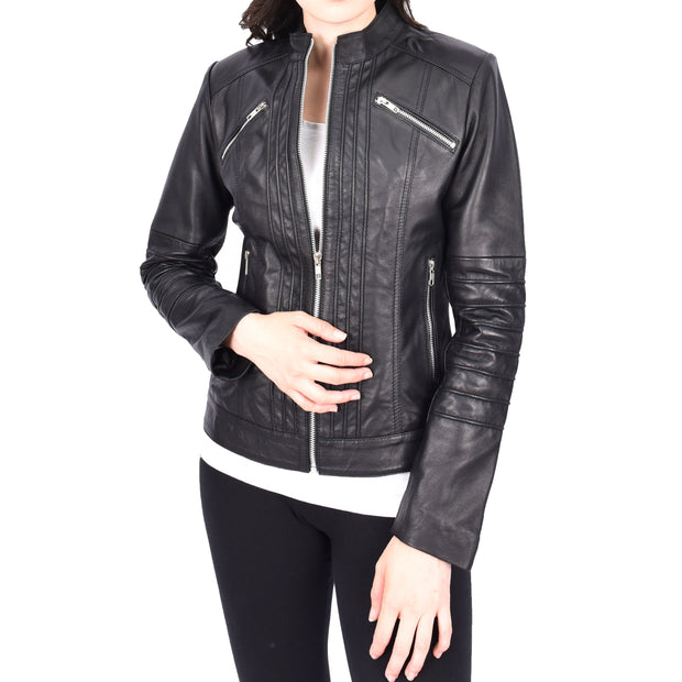 Womens Genuine Leather Biker Style Zip Up Fitted Jacket Poppy Black