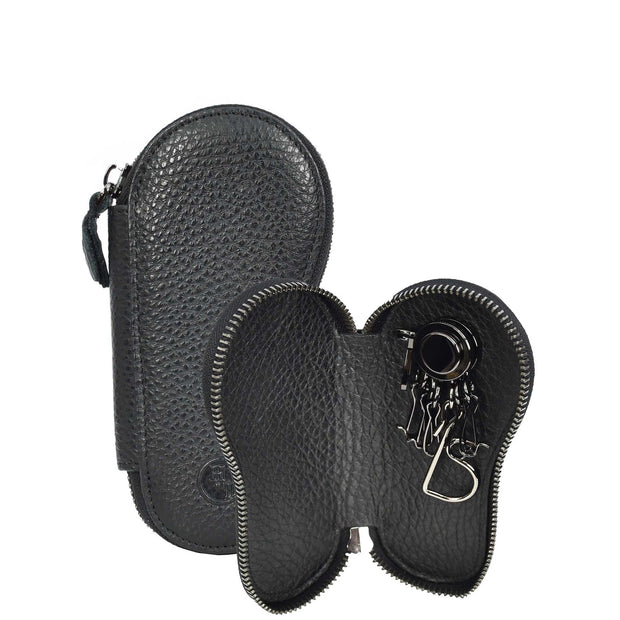 Premium Leather Key Case Wallet With Multiple Key Hooks Zip Around Pouch Style A169 Black