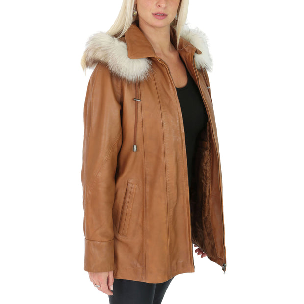 Womens Zip up Detachable Hood Parka Duffle Leather Coat Isabella Tan Open