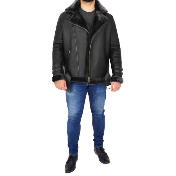 Mens Real Sheepskin Jacket Black X-Zip Aviator Brando Shearling Coat Hugh Full