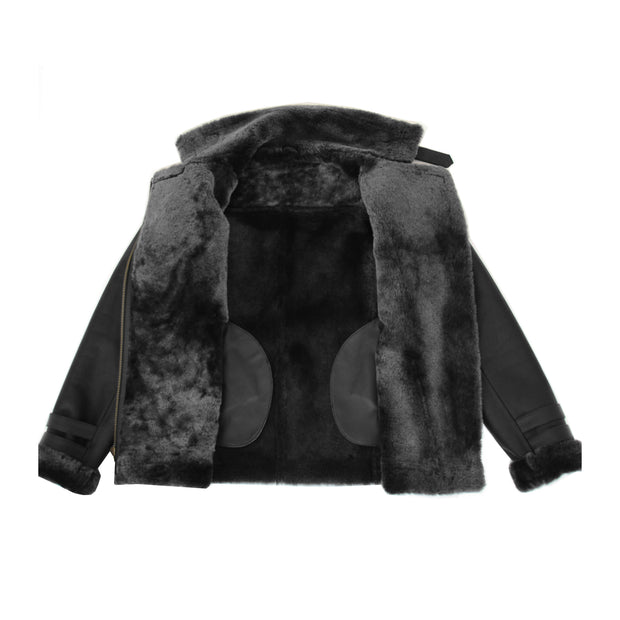 Womens Real Sheepskin Jacket Black X-Zip Aviator Belted Shearling Coat Willow Lining