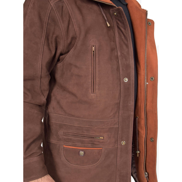 Gents Nubuck Leather Parka Coat Henry Brown feature
