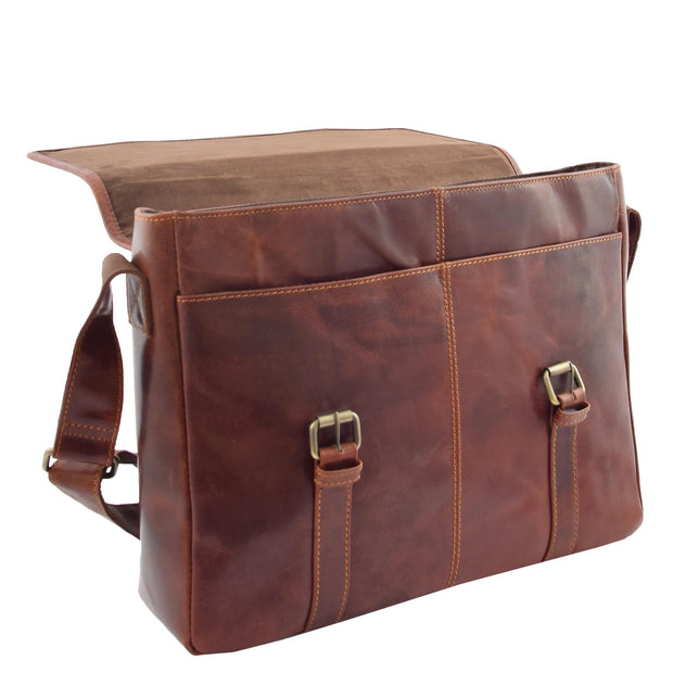 Mens Genuine Leather Briefcase Satchel Laptop Business Bag Major Brown Open 1