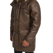 Mens Genuine Sheepskin Duffle Coat 3/4 Long Hooded Jacket Mitchel Brown Feature
