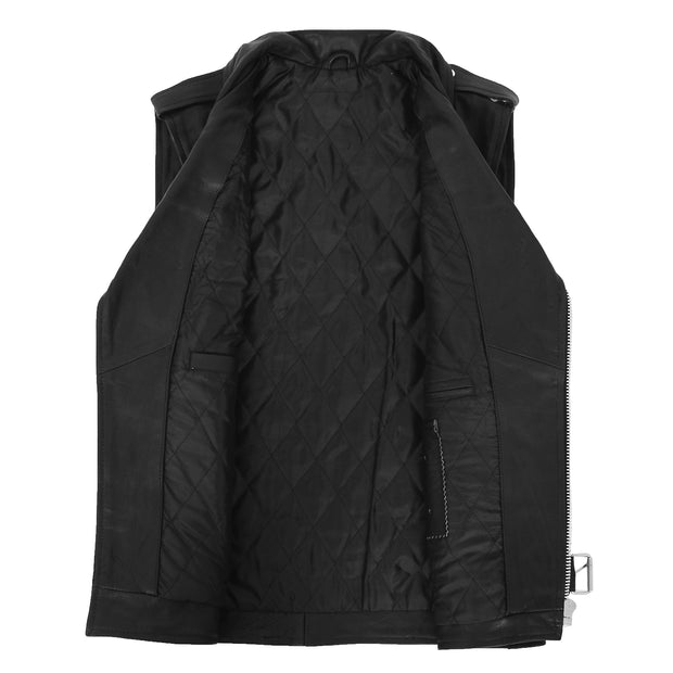 Mens Cowhide Leather Biker Waistcoat Sleeveless Brando Style Gilet Hurley Black Lining