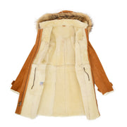 Womens Genuine Sheepskin Duffle Coat Hooded Shearling Jacket Evie Tan Lining
