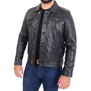 Mens Trucker Soft Leather Jacket Western Denim Style Coat Bond Black 6